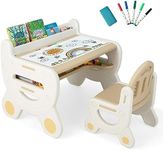GYMAX Kids Table and Chair Set, Plastic Children Activity Table with Watercolor Pens, Blackboard Eraser & Storage Shelf, Toddler Drawing Desk Set for Playroom Nursery (Brown+White)