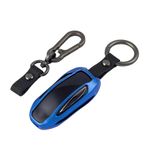 ISDORE Premium Tesla Key Fob Cover for Model X - Aircraft Aluminum Flip Key Protection Case with Leather Keychain - Keyfob Holder Compatible with Tesla (Model X, Blue)