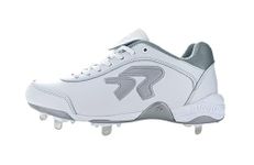 Ringor Dynasty II Spike | Women’s Softball Cleats | Durable All-Leather Softball Cleats for Women |, White/Silver, 5.5