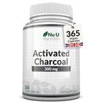 Activated Charcoal 300mg - 365 Vegan Capsules (not Tablets) - 1 Year Supply - High Strength Activated Charcoal Supplement - Made in The UK - Nu U Nutrition