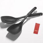 2 Pack Large Silicone Cooking Spoon, Non-Stick Slotted and Solid Spoon set with Deep Bolw and Measurement Mark for Mixing, Serving, Draining, Scooping, Scraping, Heat Resistant Kitchen Utensils, Black