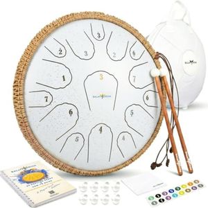 Balmy Drum Steel Tongue Drum 14 inch 15 Notes 440Hz, Handpan Drum with Music Book, Mallets, Carry Bag, Finger Picks, Rain Drum for Outdoor, Meditation Yoga Calming Instruments for Adults Kids (White)