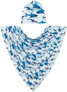Posh Peanut Unisex Baby Swaddle Blanket - Large Premium Knit Viscose from Bamboo - Infant Swaddle Wrap, Receiving Blanket and Beanie Set, Baby Shower Newborn Gift, Registry Sharks