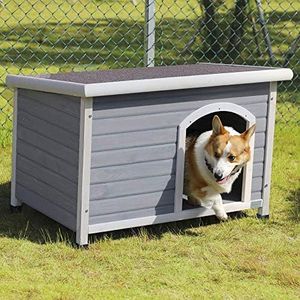 Petsfit Wooden Dog House,Outdoor Pet Kennel, Solid Wood, Weather Proof, Light Grey, Medium/40.8 X 26 X 27.6 Inch