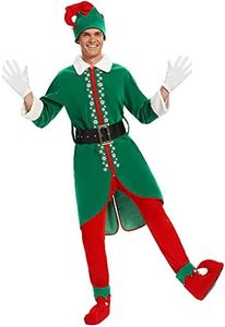HITASION Men’s Christmas Elf Costume Deluxe Santa Suit Adult Costumes Holiday Halloween Cosplay Set of 6 Pcs Coat Hat Pants Belt S