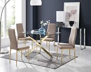 Furniturebox UK Leonardo Rectangular Glass 4 Seater Dining Table with Gold Metal Starburst Legs Modern Minimalist Table with 4 Cappuccino Faux Leather Milan Gold Leg Dining Chairs