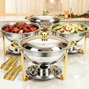 ALSO GO Chafing Dishes for Buffet 6QT 4 Pack, Round Chafing Dishes Gold with 4 Serving Tongs, Chafers and Buffet Warmers Sets, Food Warmer for Parties, Catering Supplies Buffet Dispaly
