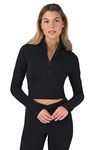 90 Degree By Reflex Womens Interlink Ribbed Half Zip Long Sleeve Crop Top Jacket, Black, X-Large