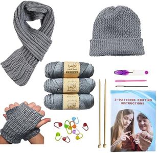 Knitting Kit for Beginners Adults & Kids, Crochet Kit for Beginners with Step-by-Step Guide, Learn to Knit Starter Bundle for Scarves, Hats & Gloves Includes Wool Yarn, Needles & Accessories (Gray)