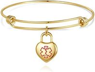 LinnaLove Medical alert bracelets for women Adjustable stainless steel medical id bangle with heart charm free engraving, Metal, no gemstone