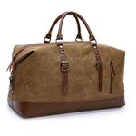 TILEMALL Oversized Canvas Holdall Travel Carry On Duffel Bags Plus Handbag Shoulder Bag Crossbody Overnight Weekend Bag Unisex Travel Holdall Handbag with PU Leather Handle (Coffee)