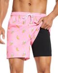 Aueyan Mens Swim Trunks 5.5 inch with Compression Liner Zipper Pockets,Quick Dry Swimsuit Trunks Funny Beach Board Shorts, Pink Banana