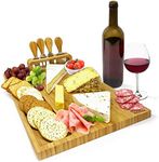 joeji's Kitchen Cheese Board Platter Set - Natural Wood Bamboo - Gift Set with Knives & Holder - Charcuterie Platter