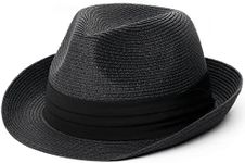 FURTALK Fedora Straw Sun Hat for Men Women Short Brim Panama Beach Hat UPF 80+ Black