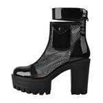 Only maker Women's Block Chunky Heeled Ankle Boots with Track Sole Fishnet Detachable Ankle Strap Platform Booties with Back Zipper Walking Punk Biker Motorcycle Boots Black Size 11