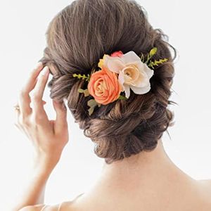 Fangsen Wedding Orange Ivory Rose Flower Hair Comb Boho Wedding Bridal Hair Accessory for Women and Girls Silver