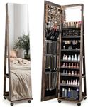 RELAX4LIFE 360° Swivel Jewellery Cabinet, 3 in 1 Standing Lockable Jewelry Armoire with Full-Length Mirror, 3-Color LED Lights, Storage Shelves & 4 Wheels, Mobile Jewellery Organiser (Coffee)