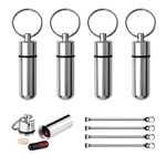 NITAIUN 4 Pcs Mini Aluminum Pill Box, Waterproof Pocket Pill Case Portable Container Keychain with 4Pcs Tiny Spoon Emergency Medicine Bottle Cash Stash Holder for Traveling Outdoors Camping (Silver)