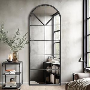 Rowjut 65x22 Inch Floor Mirror Full Length - Arched Top Aluminum Frame Wall Mirror for Entryway, Living Room, Bedroom, Fireplace - Decorative Window Pane Mirror(Black)