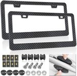 FBJTDQ Carbon Fiber License Plate Frames - Black plastic Car Tag Holder Cover Printed Carbon Pattern with Screws Caps Handlebar Stickers, Front & Rear 2 Pack