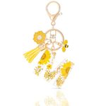 MWOOT Initial Letter M Keychain Resin Alphabet Keyrings,Yellow Petals Gold Foil Key Ring Charm with Daisy Bee Tassel Pendant,Key Chain for Women's Gift Ideas Wallet Purse Bag Handbag Decor(M)