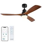 pasapair 52 Inch Ceiling Fan with Lights and Remote Control, Modern Wood Ceiling Fans with APP for Indoor Outdoor, Reversible Noiseless DC Motor, 3 Solid Walnut Wooden Blades