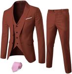 YND Men's Slim Fit 2 Button 3 Piece Suit Set, Blazer Jacket Vest Pants and Tie, Solid Wedding Dress Tux and Trousers Brick Red