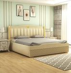 MODESTY WOODS Upholstered King Size Bed with Box Storage Wooden Double Bed Sheesham Wood Cot Palang Fabric Bed for Bedroom Living Room Home (Cream)