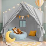 Kids Play Tent, Large Kids Playhouse with String Lights and Flag Garland, Bed Tent with 2 Windows, Machine Washable Reading Nook, Indoor & Outdoor, Perfect Present for Girls & Boys, 52x35x51 in, Gray
