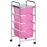 VonHaus 4 Drawer Plastic Storage Trolley, Multipurpose Storage Drawer Rolling Cart, Unit for Home Office Stationery Organisation, Make-up, Beauty - Mobile Design 4 Tier Shelving Castor Wheels (Pink)