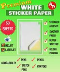 A N A4 Size 50 Sheets PREMIUM WHITE Sticker Paper, Easy Peel-Off Cut, Adhesive WHITE Blank Sticky Sheets for Laser, Copier, Inkjet Printer and Writing with Pen/Pencil (A4)