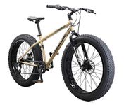 Mongoose Malus Mens and Womens Fat Tire Mountain Bike, 26-Inch Bicycle Wheels, 4-Inch Wide Knobby Tires, Steel Frame, 7 Speed Drivetrain Bicycle, Shimano Rear Derailleur, Disc Brakes, Tan