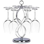 Freestanding Metal Wine Glass Rack Stand with 6-Hook, Countertop Stemware Holder with Scrollwork Design, Tabletop Air Drying Display for Bar, Kitchen Home Storage, and Elegant Silver Tone Finish