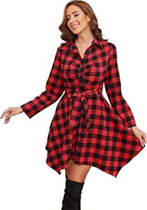 FANCYINN Womens Long Sleeve Checker Plaid Shirt Dress Pleated Front Chest Irregular Hem Buttons Up Casual Autum Flannel Dress Red & Black XL