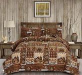 Moose Bear Quilt Set King Size Rustic Cabin Bedding Set Plaid Reversible Quilts Home Lodge Bedspread Coverlet Wildlife Bears Pine Tree Bedding Woodland Plaid Patchwork Quilted Bed Spread Country Decor