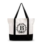 BeeGreen Personalized Gift Bag for Women Teacher Bag w Inner& Front Pockets Beach Tote Bag w Zipper Closure Bridal Shower Gift Bag for Christmas Wedding Initial Monogram Canvas Tote Bag for Shopping Letter B