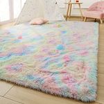 Modern Long Fur Rug Fluffy Large Rainbow Area Rugs for Livingroom Bedroom Girls Room Dorm Nursery Indoor Fuzzy Accent Decor Carpets Soft Shaggy Plush Non-Slip Kids Play Mats 5x8 Feet