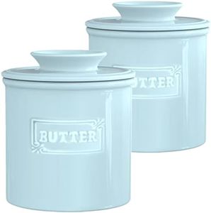 AVLA 2 Pack Ceramic Butter Crock, French Butter Dish with Water Line, Butter Keeper Butter Container for Countertop, Big Capacity, Aqua Blue