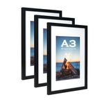 Black Wooden Picture Frame A3 with Mat,Set of 3, Mount for A4 Picture or Certificate,Wall Mountable