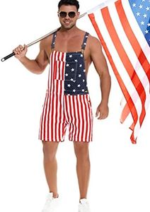 Yuanbang American Flag Overalls Bib Denim Shorts Jean Romper Casual Workout Summer Adjustable Strap Jumpsuit for Men Women(red white blue,XL)
