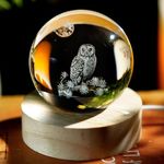 60mm 3D Laser Adorable Owl Crystal Ball Night Light, Cute Owl Statue with Colorful Light Wooden Stand for Thanksgiving Christmas Birthday Gifts