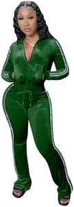 Womens 2 Piece Velour Jogger Tracksuit Two Piece Sexy Outfits for Women, Long Sleeve Full-Zip Up Velvet Crop Tops Jacket Flared Pants Matching Set Sportswear Sweatsuit Pockets Patchwork Glitter Stripe