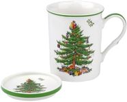 Spode Christmas Tree 14 oz Mug & Coaster Set - Ceramic Mug with Coaster for Tea, Coffee, Hot Chocolate - Fine Porcelain, Dishwasher & Microwave Safe - Mug & Coaster Gift Set