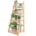 HOMIDEC Plant Stand, 4 Tier Wooden Ladder Shelf Foldable Display Flower Plant Stands, Free Installation Plant Stands Indoor Corner Storage Shelves Bookshelf for Garden Balcony Living Room, Natural