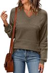 WIHOLL Sweaters for Women Trendy Casual Long Sleeve Tops V Neck Crochet Sweater Lightweight Cable Knit Pullover Shirts Solid Fall Clothes for Women 2024 Coffee M