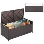 HAPPYGRILL 34 Gallon Patio Storage Bench Deck Box, 3-in-1 Rattan Wicker Storage Box with Seat Cushion & Zippered Protective Liner, Effort-Saving Gas Strut