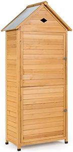 Costway Outdoor Storage Shed, Lockable Fir Wood Garden Tool Storage Cabinet with Shelves, Galvanized Sheet Roof, Waterproof Tool Hutch Organizer for Home, Garden, Yard(Natural)