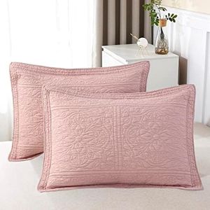 WINLIFE 100% Cotton Quilted Pillow Sham Floral Printed Pillow Cover (Standard, Pink)