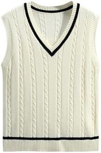 GORGLITTER Men's Striped Cable Knit Sweater Vest Sleeveless V Neck Pullover Sweater Tops Beige Medium