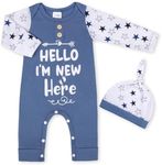 MVUOCR Baby One-Piece Rompers Infant Boys Girls Clothes Set Ribbed Long Sleeve Bodysuit Button Cute Newborn Outfits, Hello I'm New Here-azure Blue, Newborn